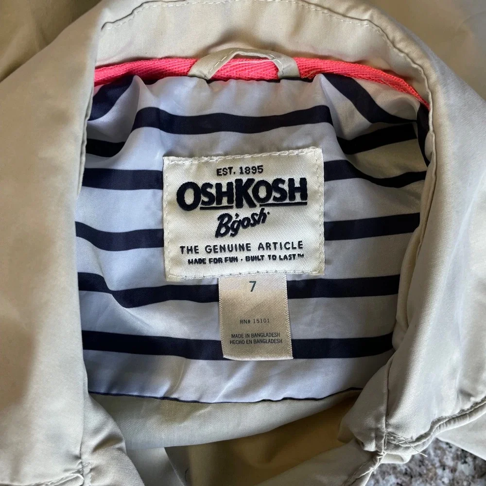 OshKosh Bgosh Girls Khaki Double Breasted Peplum Trench Coat Jacket Size 7
